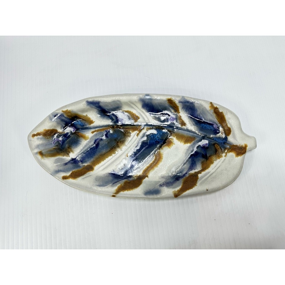 Handmade Studio Art‎ Pottery Glazed Leaf Dish Blue Brown Purple White Signed